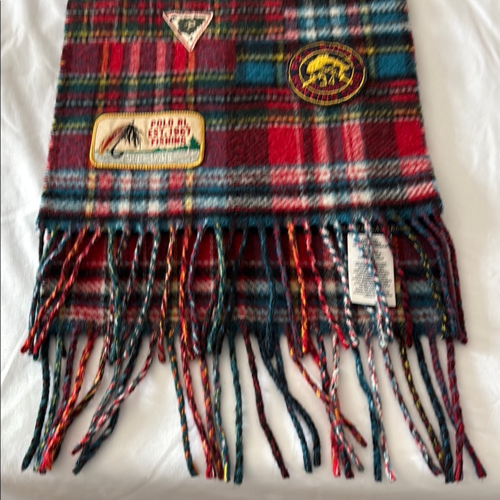 Polo Ralph ITALY Lauren Red Blue WOOL BLEND Plaid FISHING HUNTING PATCHES SCARF - Picture 1 of 12